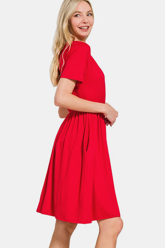 Zenana On The Right Track Surplice Short Sleeve Brushed DTY Dress in Red