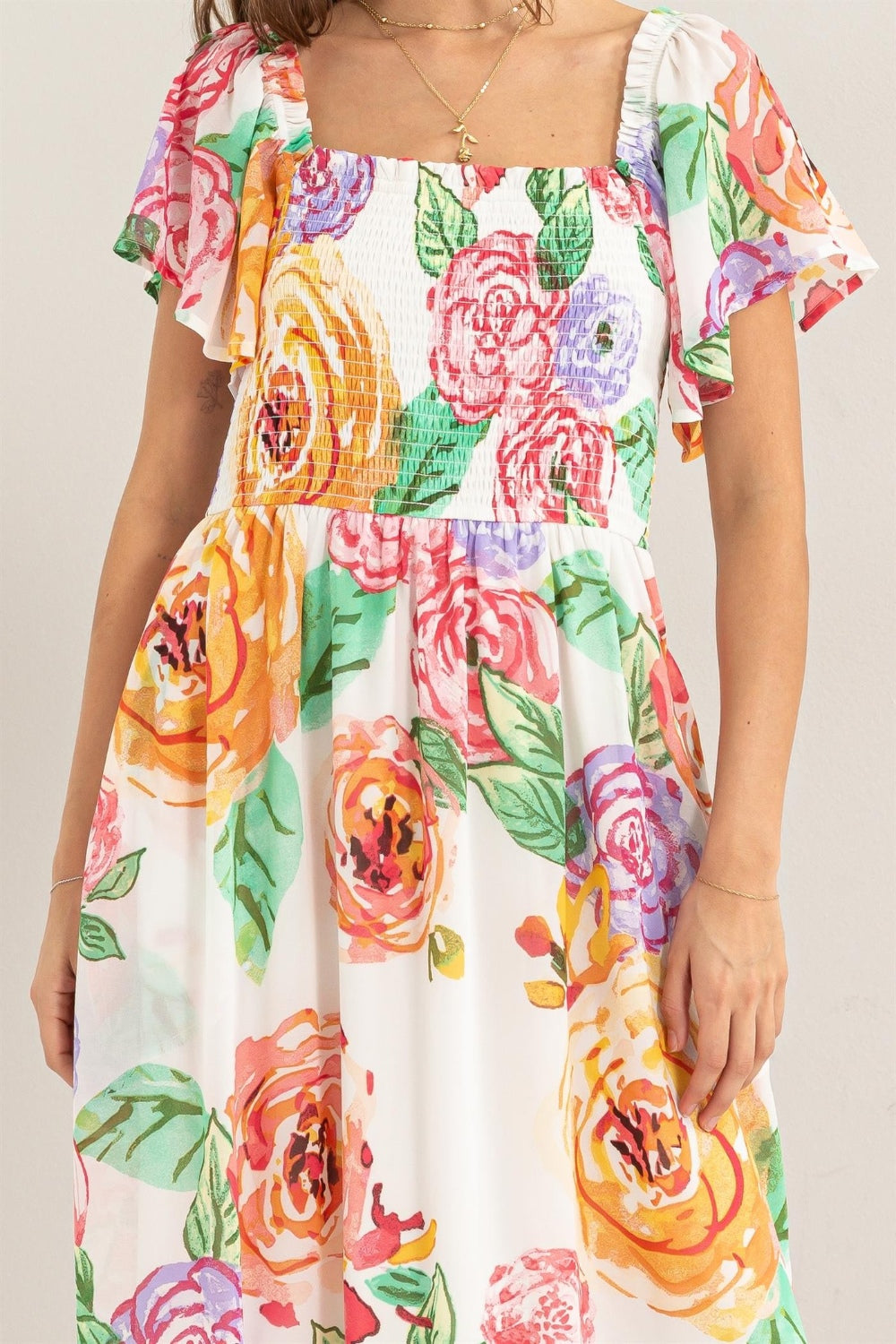 HYFVE Rosé All Day Floral Flutter Sleeve Smocked Dress