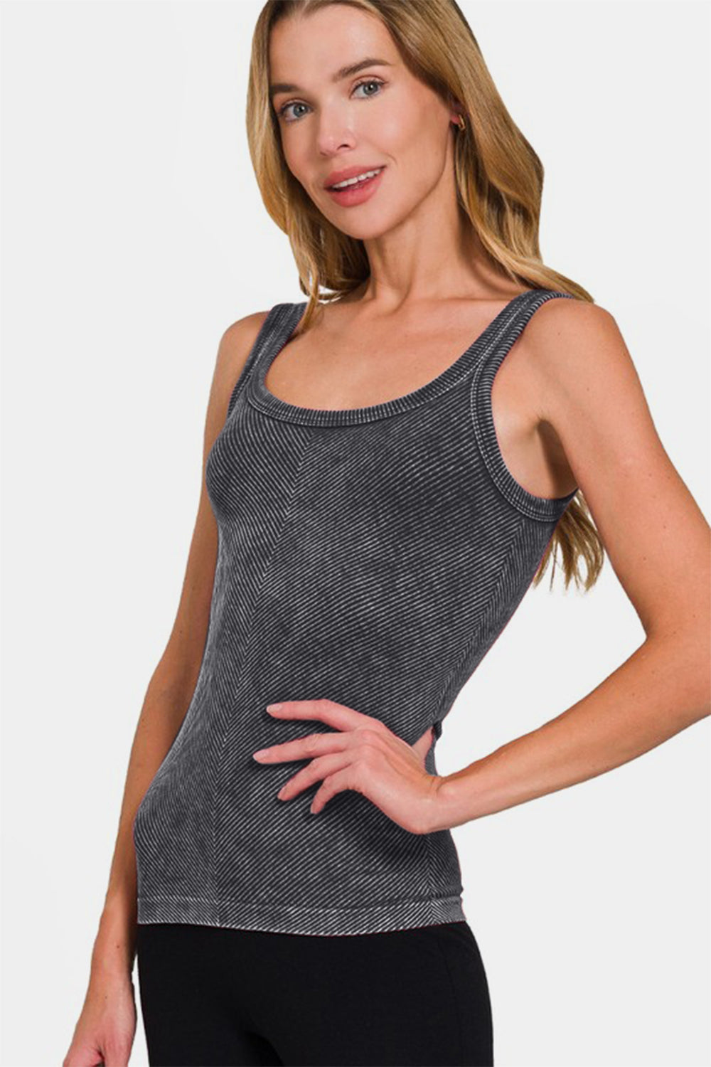 Zenana Chance Of Sun Ribbed Scoop Neck Tank in Black