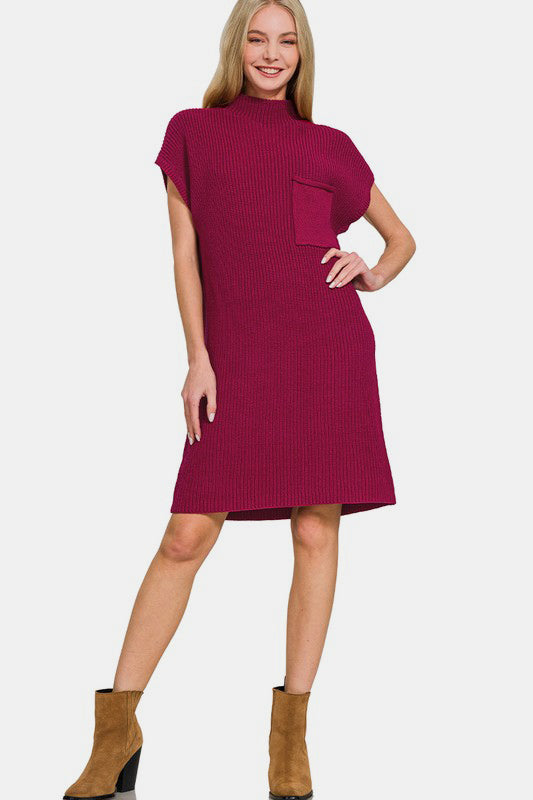 Zenana Spring Chill In The Air Mock Neck Short Sleeve Sweater Dress in Cabernet