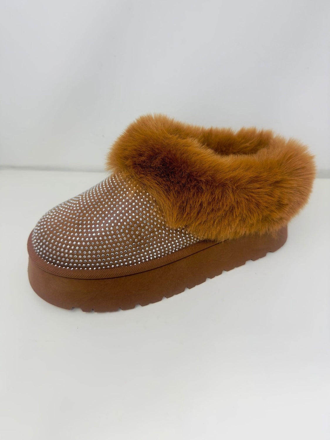 WILD DIVA Fur Real Embellished Faux Fur Platform Booties in Chestnut