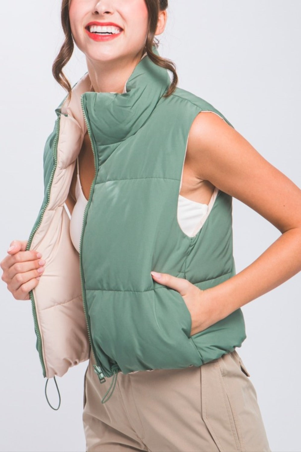 Love Tree Two Faced Zip Up Cropped Contrast Reversible Vest in Olive