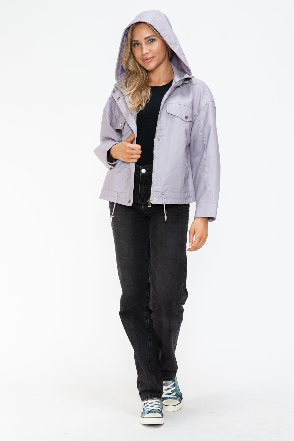 How Dare U My Favorite Layer Drawstring Hem PU Leather Zip Up Jacket in Lilac