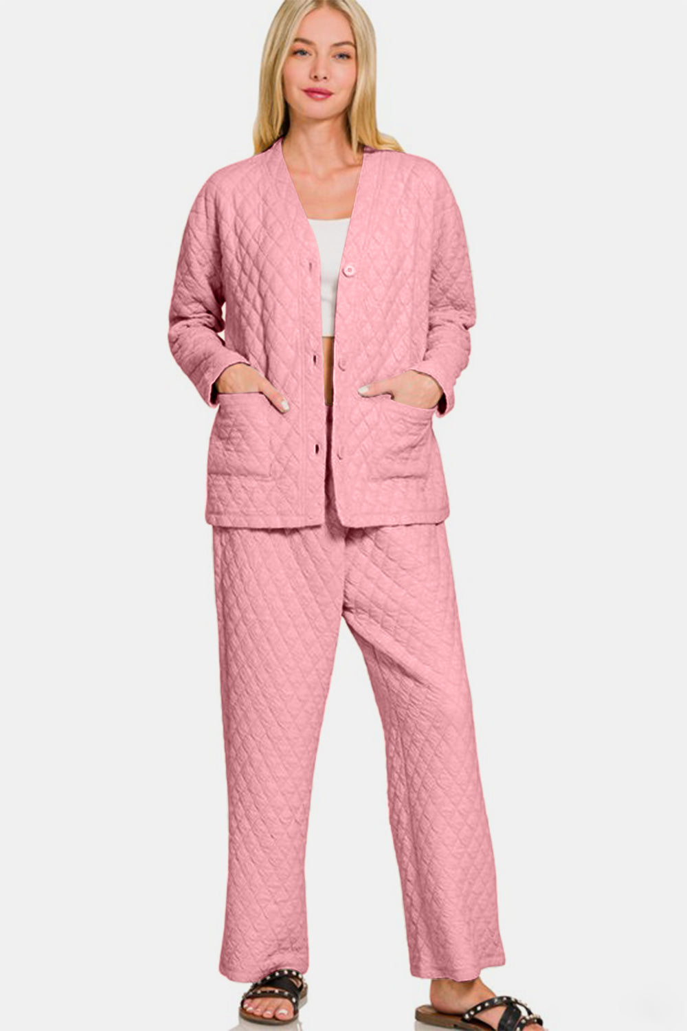 Zenana Quilted Comfort Button Up Long Sleeve Top and Pants Lounge Set in Dusty Pink