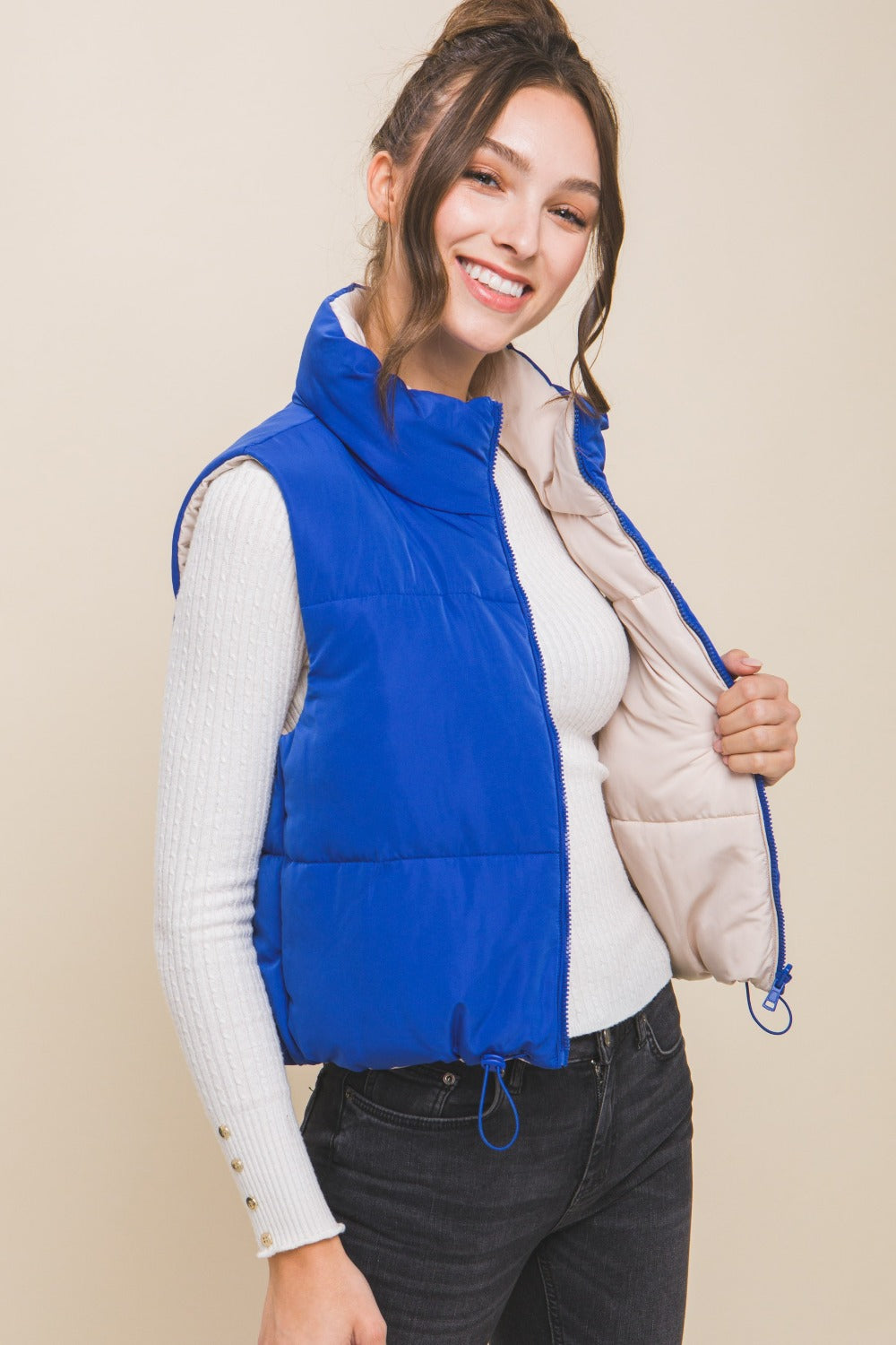 Love Tree Two Faced Zip Up Cropped Contrast Reversible Vest in Azure
