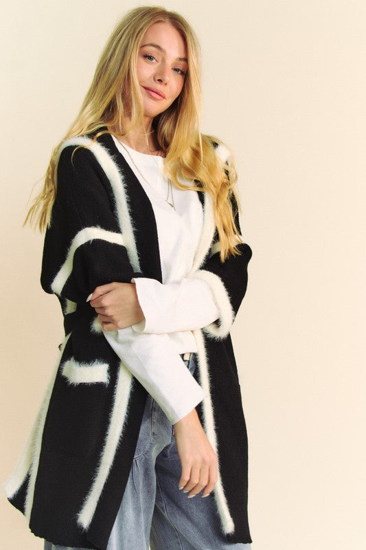 Davi & Dani Just Breathe Fuzzy Trim Open Front Loose Fit Cardigan