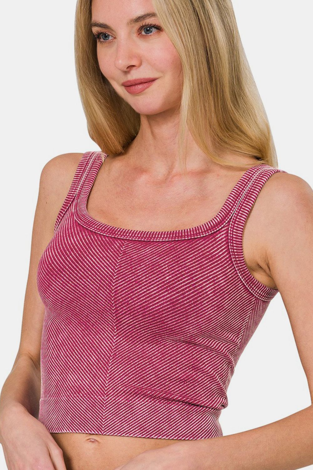 Zenana Chase Your Goals Washed Ribbed Scoop Neck Wide Strap Tank in Burgundy