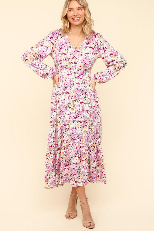 Haptics Smile On Floral V-Neck Long Sleeve Dress with Side Pockets in Lilac