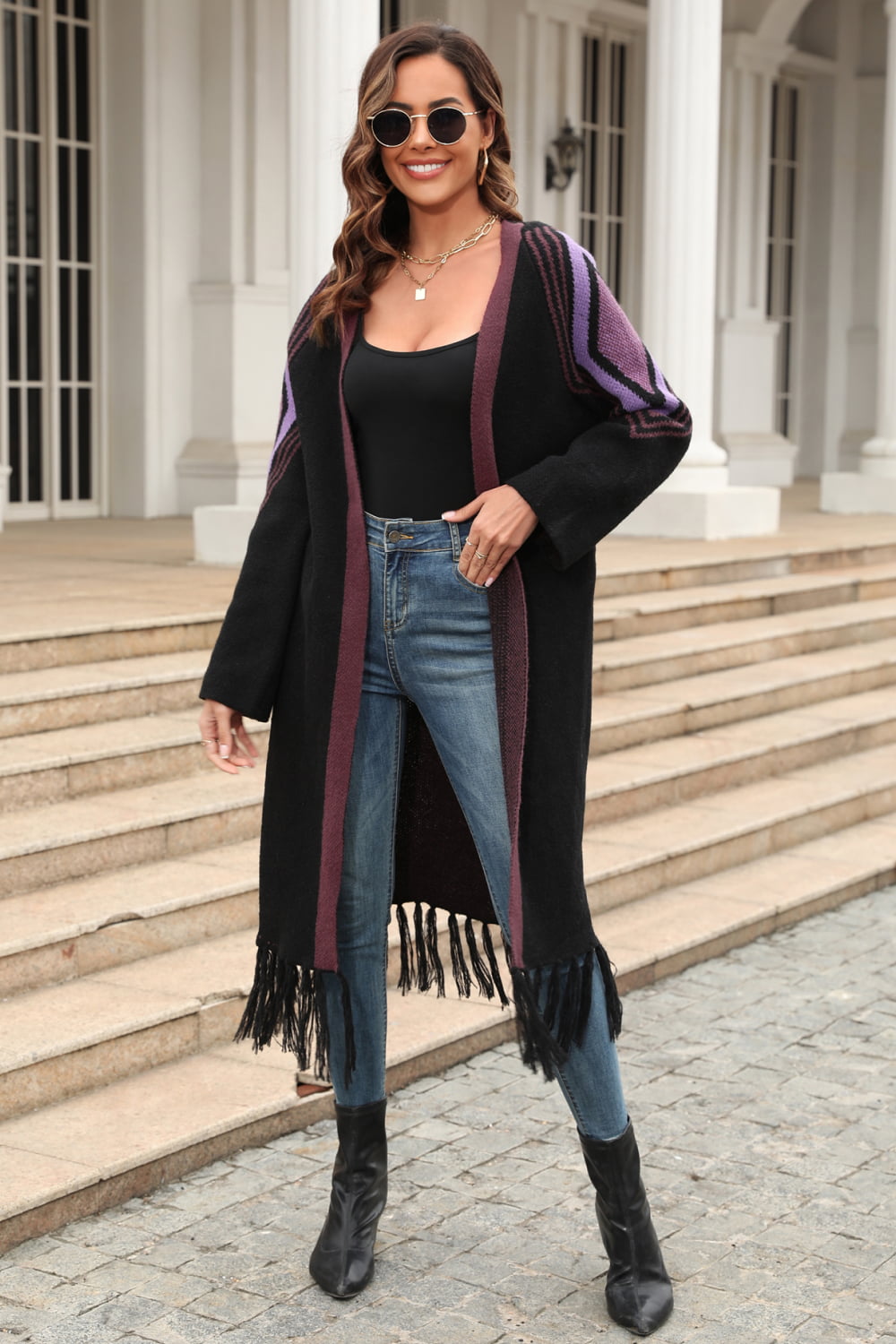 Angel Wings Fall, I'm Ready Geometric Fringe Hem Open Front Duster Cardigan