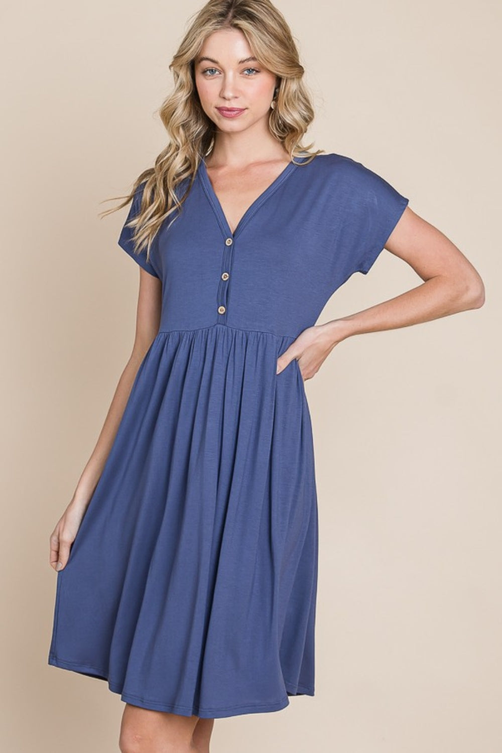 BOMBOM Steal The Blues V-Neck Short Sleeve Dress