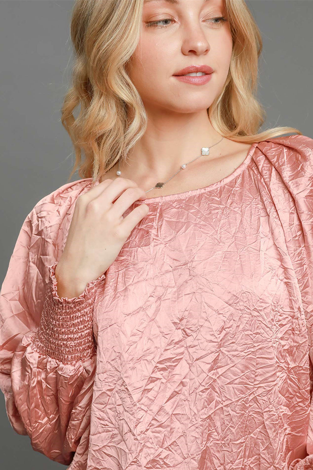 Umgee Perfectly Imperfect Wrinkled Lantern Sleeve Blouse in Blush Pink