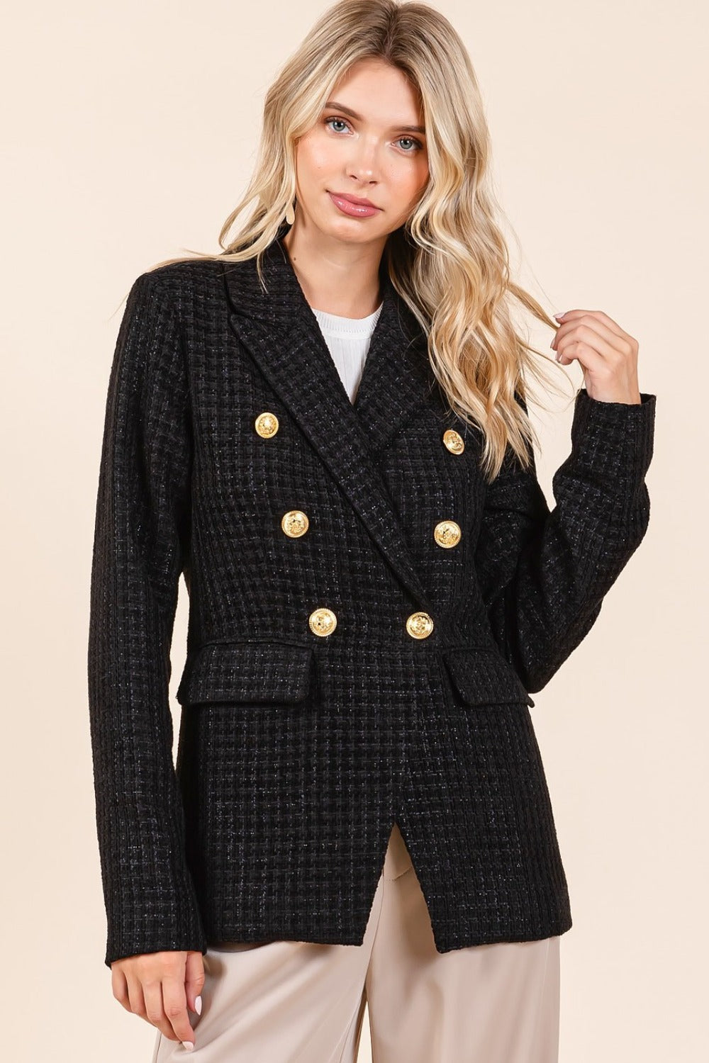 Mittoshop Dressed To Impress Plaid Texture Double-Breasted Long Sleeve Blazer