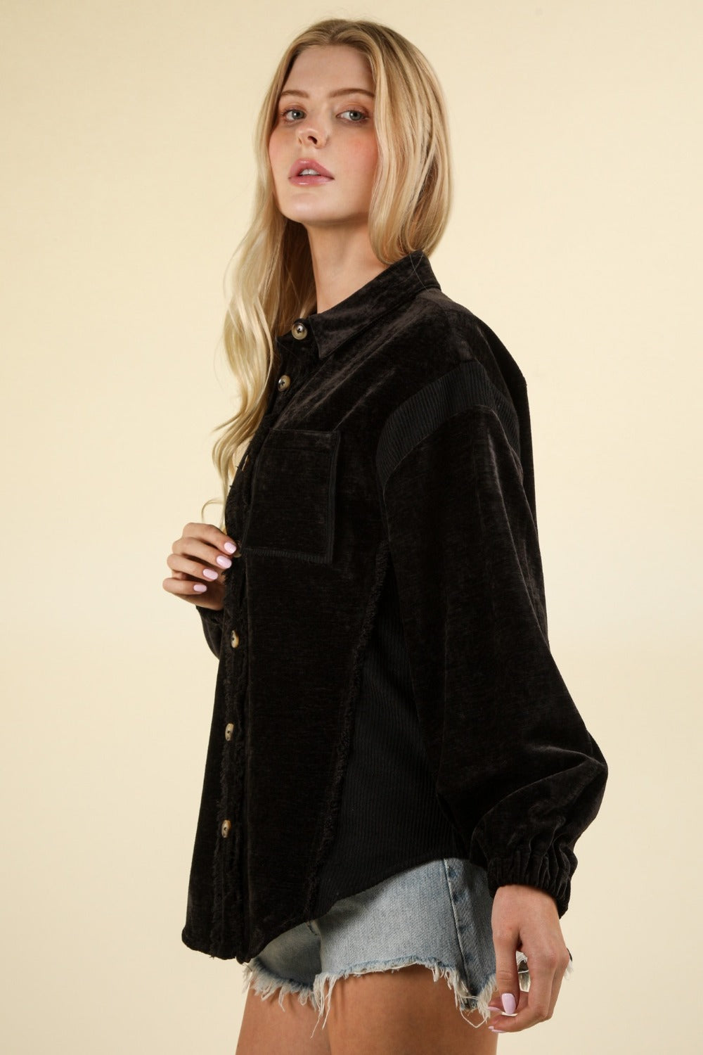 VERY J Raw Hem, Real Style Mixed Media Button Down Raw Hem Shacket in Black