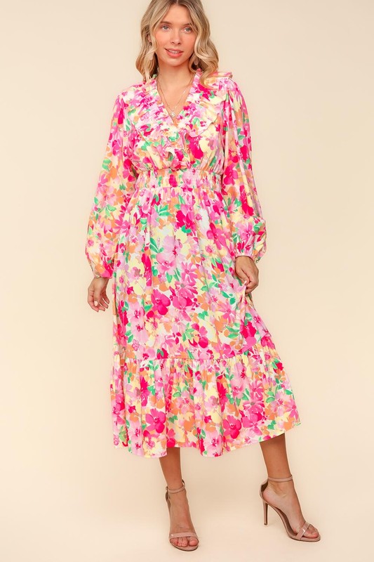 Haptics Plus One Floral Surplice Balloon Sleeve Dress with Side Pockets in Multicolor
