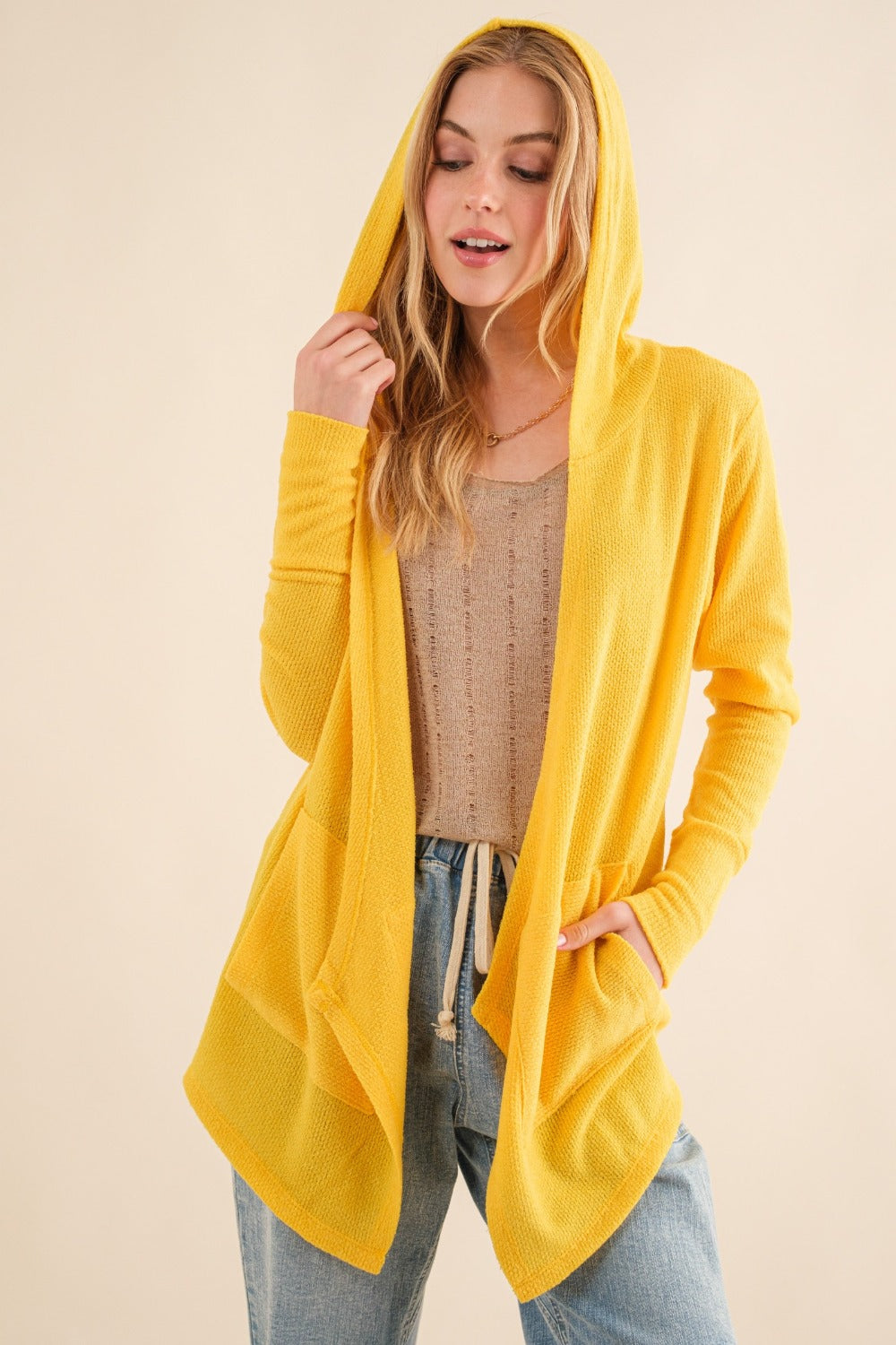 And The Why Take It Next Level Thermal Hooded Open Front Cardigan with Pockets in Vivid Yellow