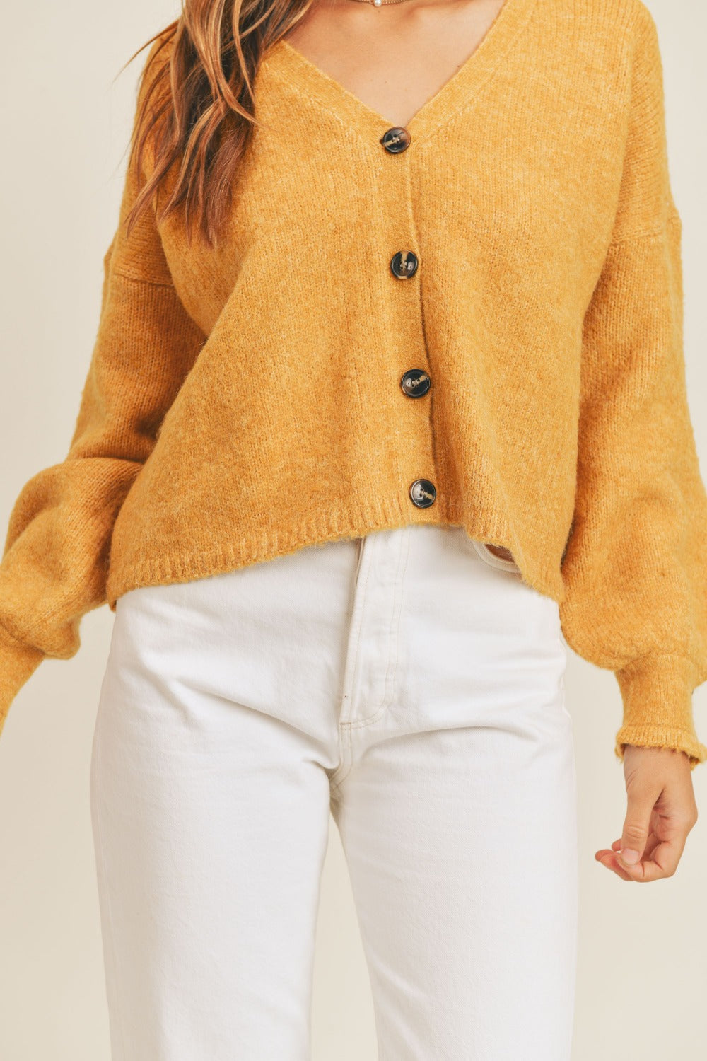 MABLE Buttoned Up Long Sleeve Button Down Sweater Cardigan in Mustard