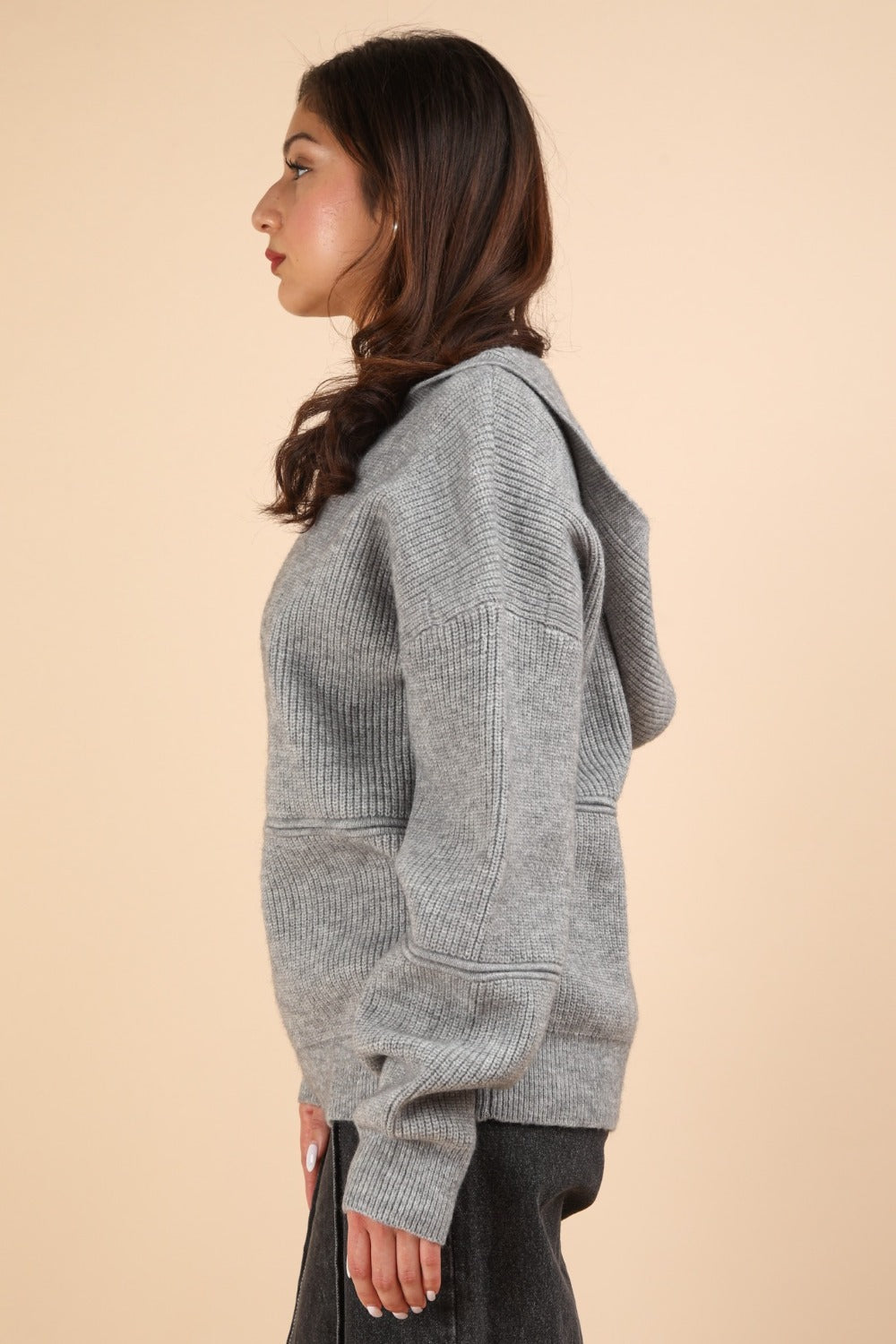 VERY J Keep It Comfy Seam Detail Drop Shoulder Hooded Sweater in Grey