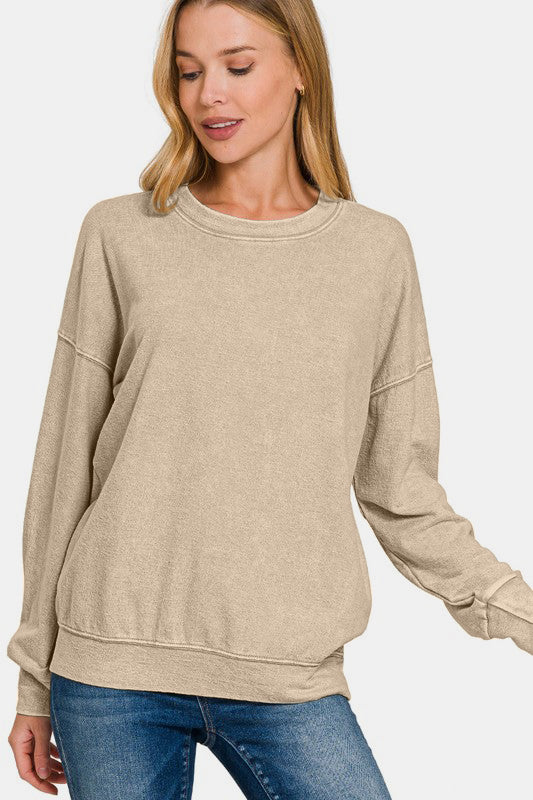 Zenana Laid Back Vibes Washed Dropped Shoulder Sweatshirt in Khaki