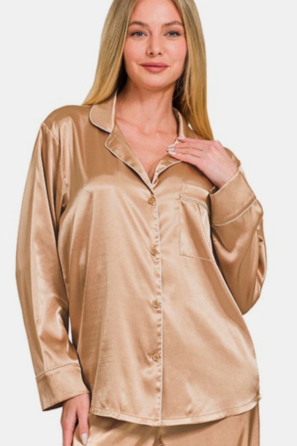 Zenana Wrapped In Satin Long Sleeve Shirt and Pants Pajama Set in Brush