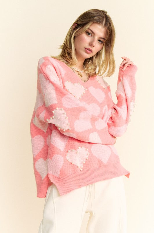 Davi & Dani Hearts of Pearl Side Slit V-Neck Sweater in Pink Multi