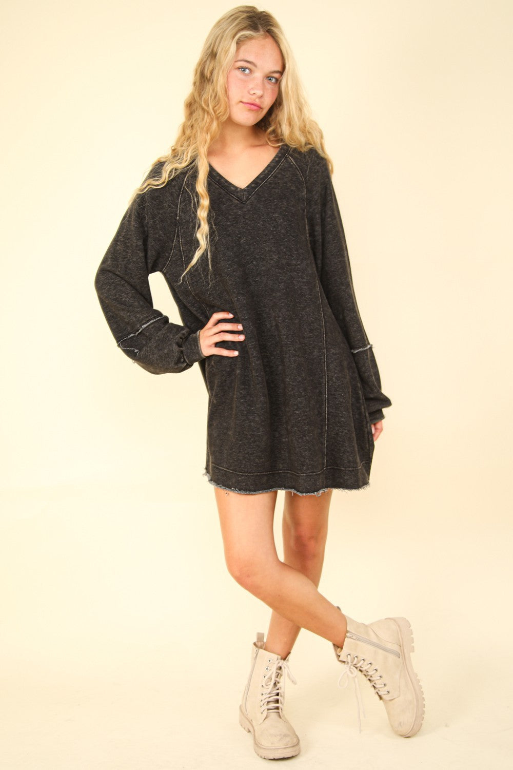 VERY J Oversized Memories Mineral Washed Oversized A-Line Mini Dress in Black