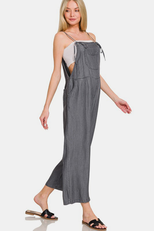 Zenana Fresh Vibes Washed Adjustable Strap Wide Leg Denim Overalls in Black