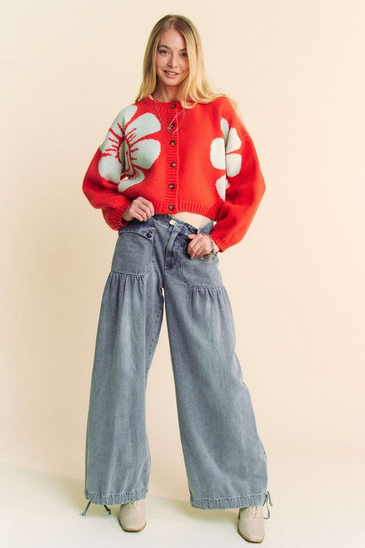 Davi & Dani A Pop Of Flower Power Contrast Round Neck Long Sleeve Cardigan