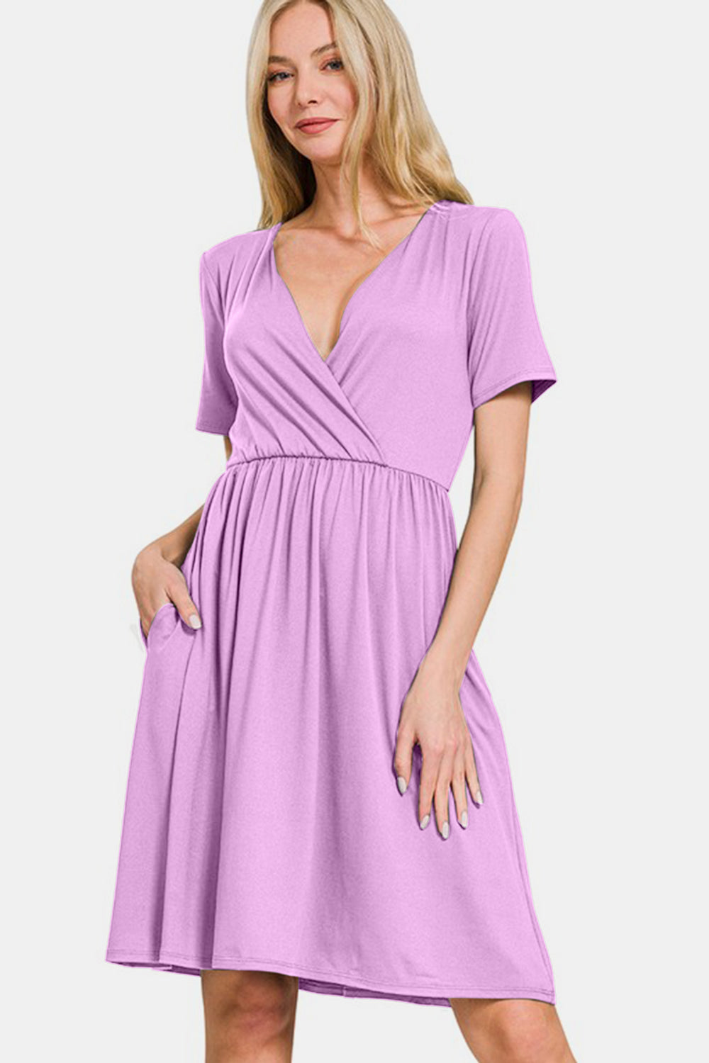 Zenana On The Right Track Surplice Short Sleeve Brushed DTY Dress in Pink Purple