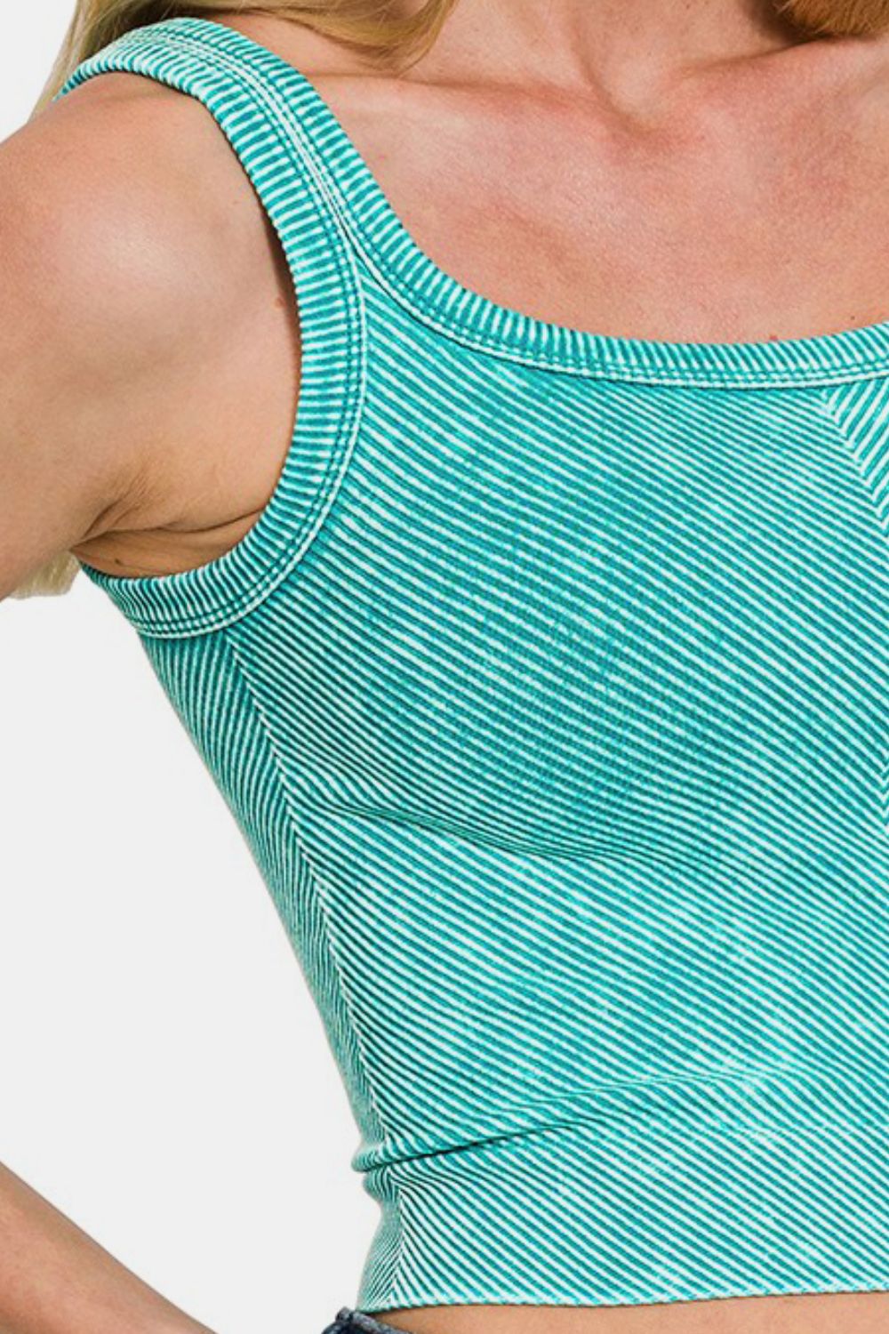 Zenana Chase Your Goals Washed Ribbed Scoop Neck Wide Strap Tank in Light Teal