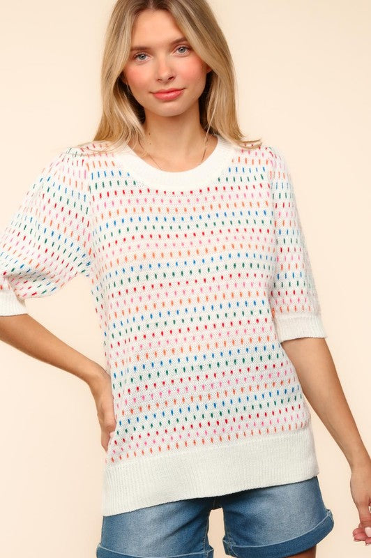 Haptics Vibrant Beauty Half Sleeve Multi Color Knit Top