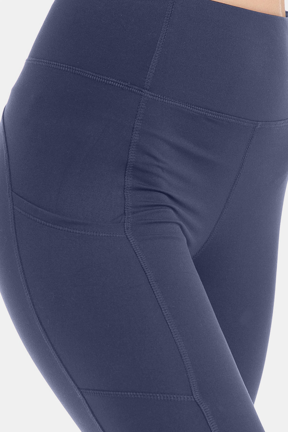 Leggings Depot Reflections High Waist Wide Waistband Leggings with Pockets in Ink Blue