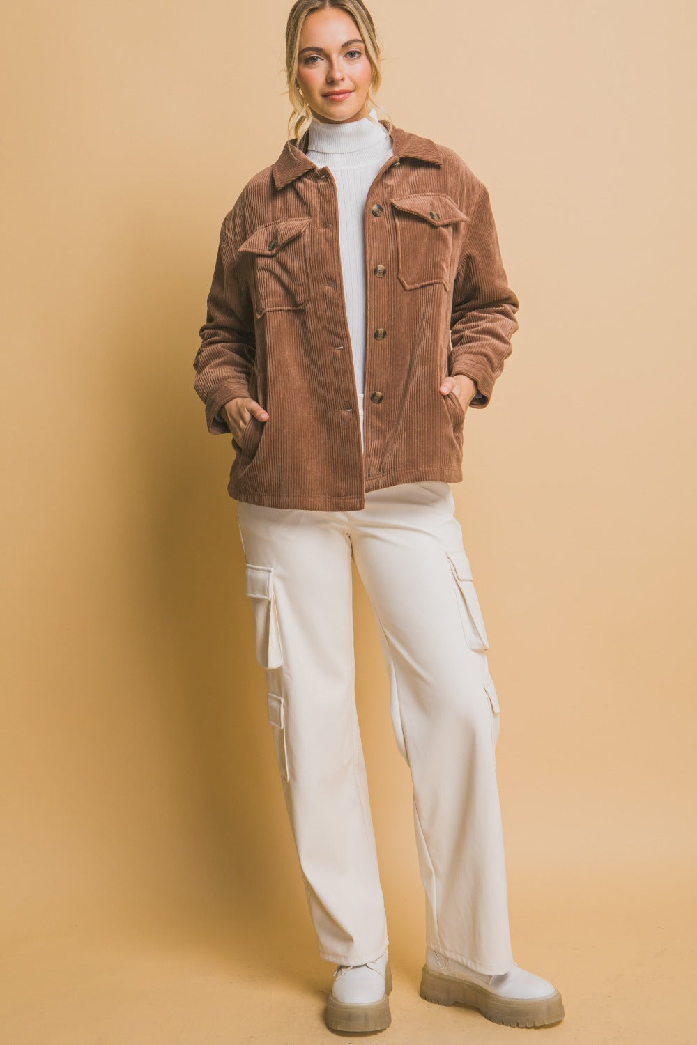 Love Tree Fall In Love Corduroy Button Up Jacket with Sherpa Inside in Cocoa