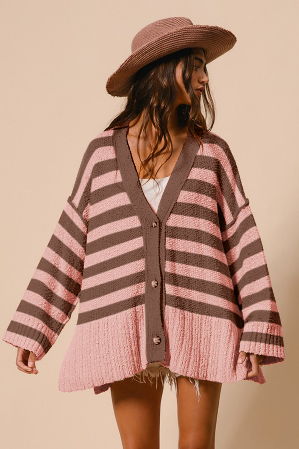 BiBi Stripe Cozy Magic Slit V-Neck Button Up Cardigan