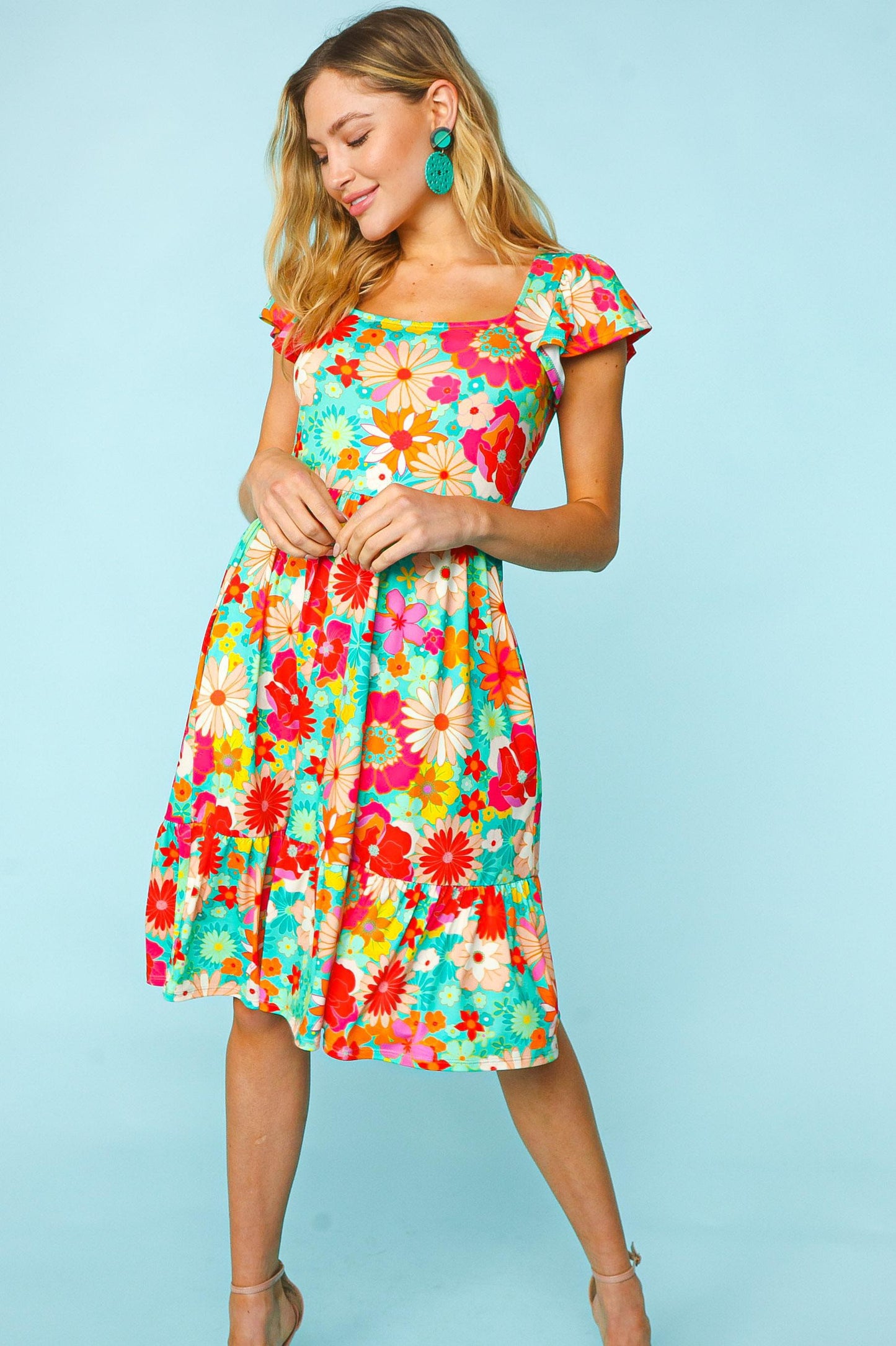 Haptics Minty Fresh Floral Square Neck Short Sleeve Dress with Pockets