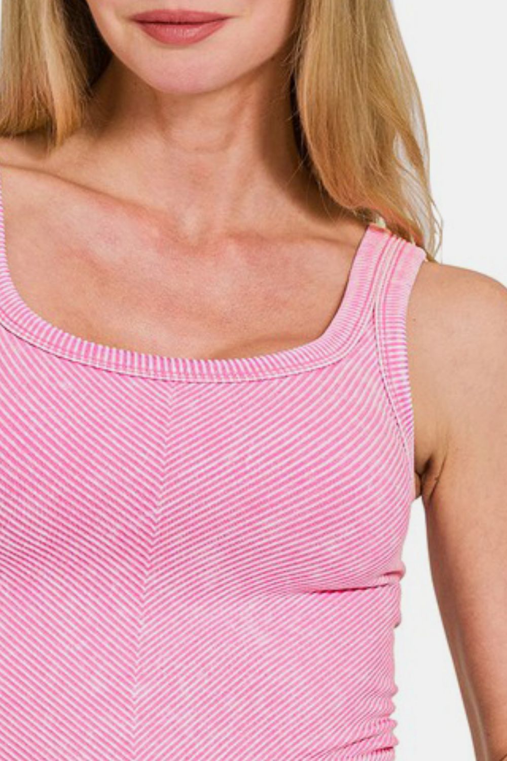 Zenana Chase Your Goals Washed Ribbed Scoop Neck Wide Strap Tank in Candy Pink