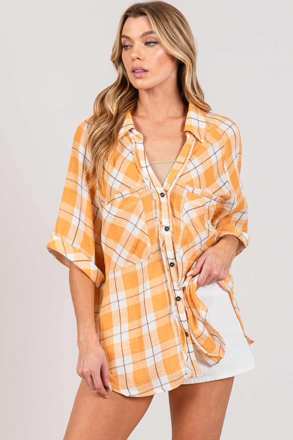 SAGE + FIG You Plaid Me At Hello Button Up Side Slit Shirt