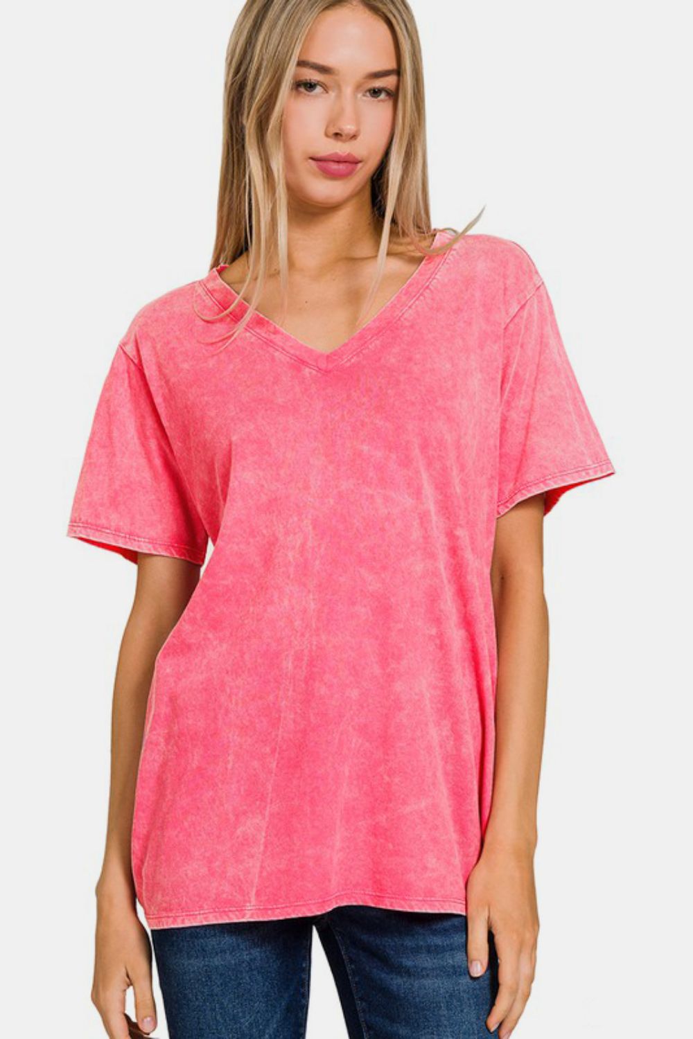 Zenana Cute in Strawberry Washed Short Sleeve V-Neck T-Shirt