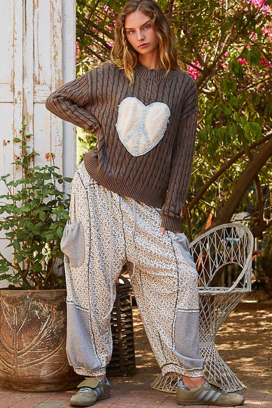 POL Peace and Love Cable-Knit Peace Patch Dropped Shoulder Sweater in Dark Gray