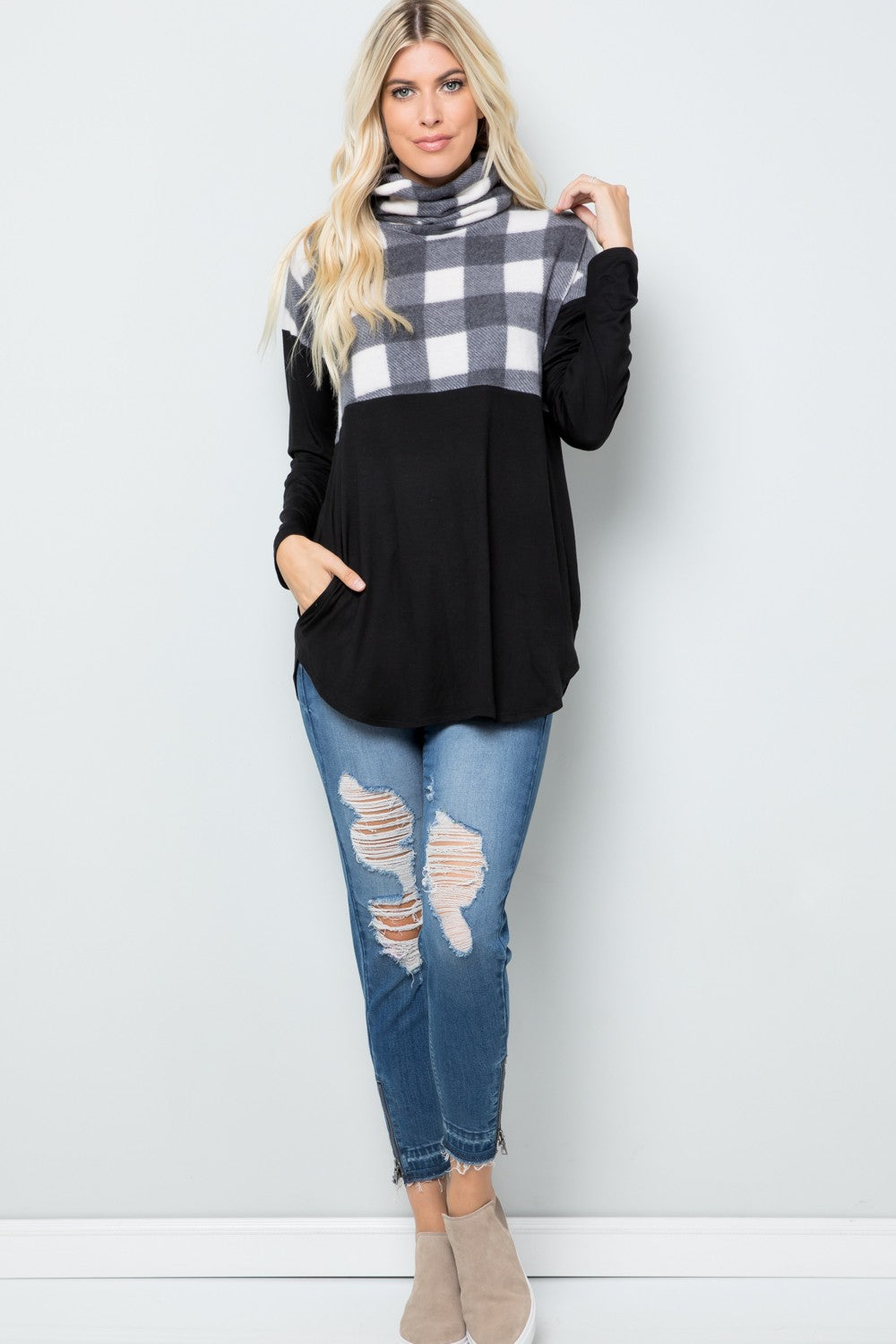 Celeste Plaid Days Pocketed Turtleneck Long Sleeve Blouse