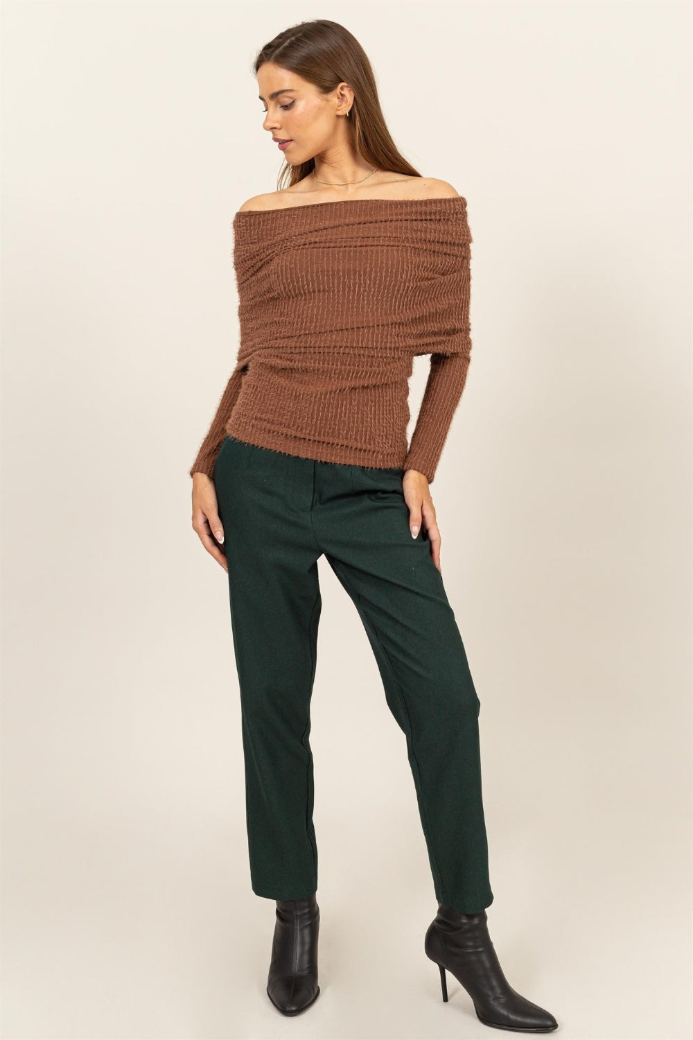 HYFVE Turn The Heat Up Fuzzy Off Shoulder Textured Knit Top in Brown