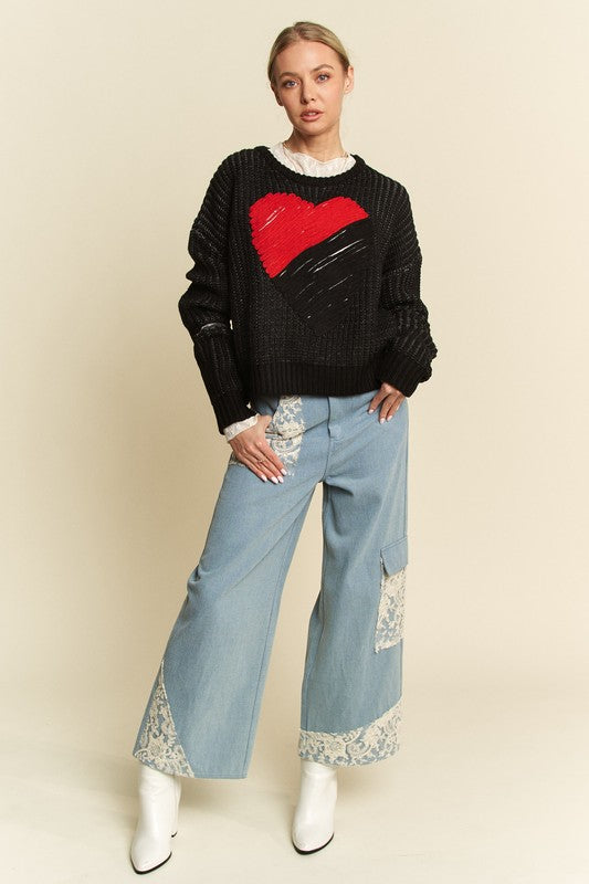 Davi & Dani Heartfelt Vibes Contrast Heart Dropped Shoulder Sweater