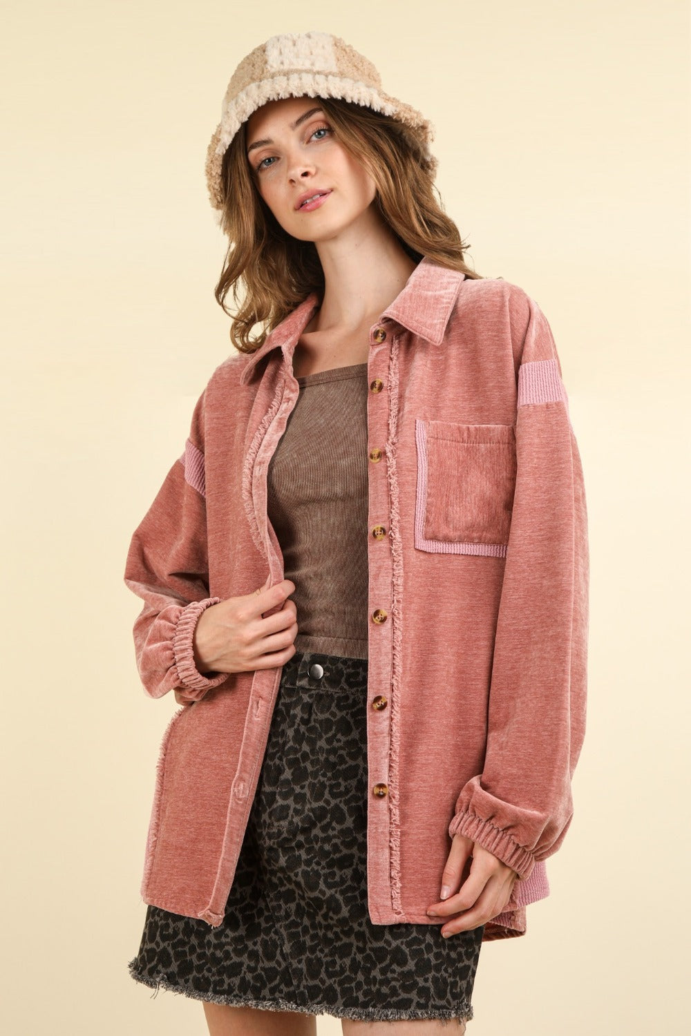 VERY J Raw Hem, Real Style Mixed Media Button Down Raw Hem Shacket in Mauve