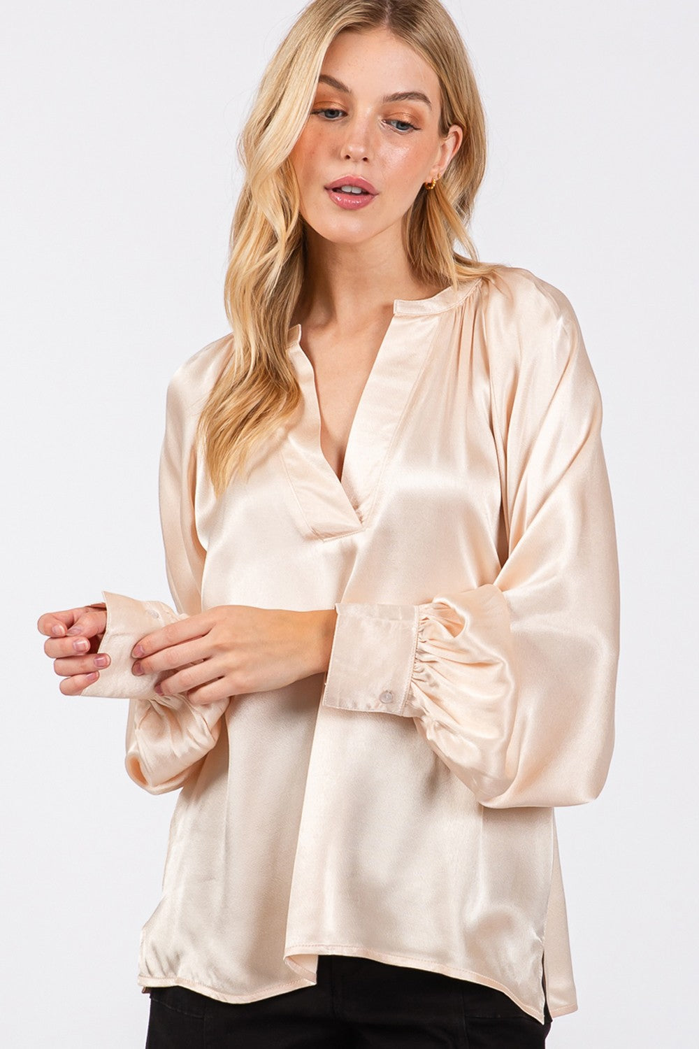 SAGE + FIG Champaign All Day Notched Long Sleeve Blouse