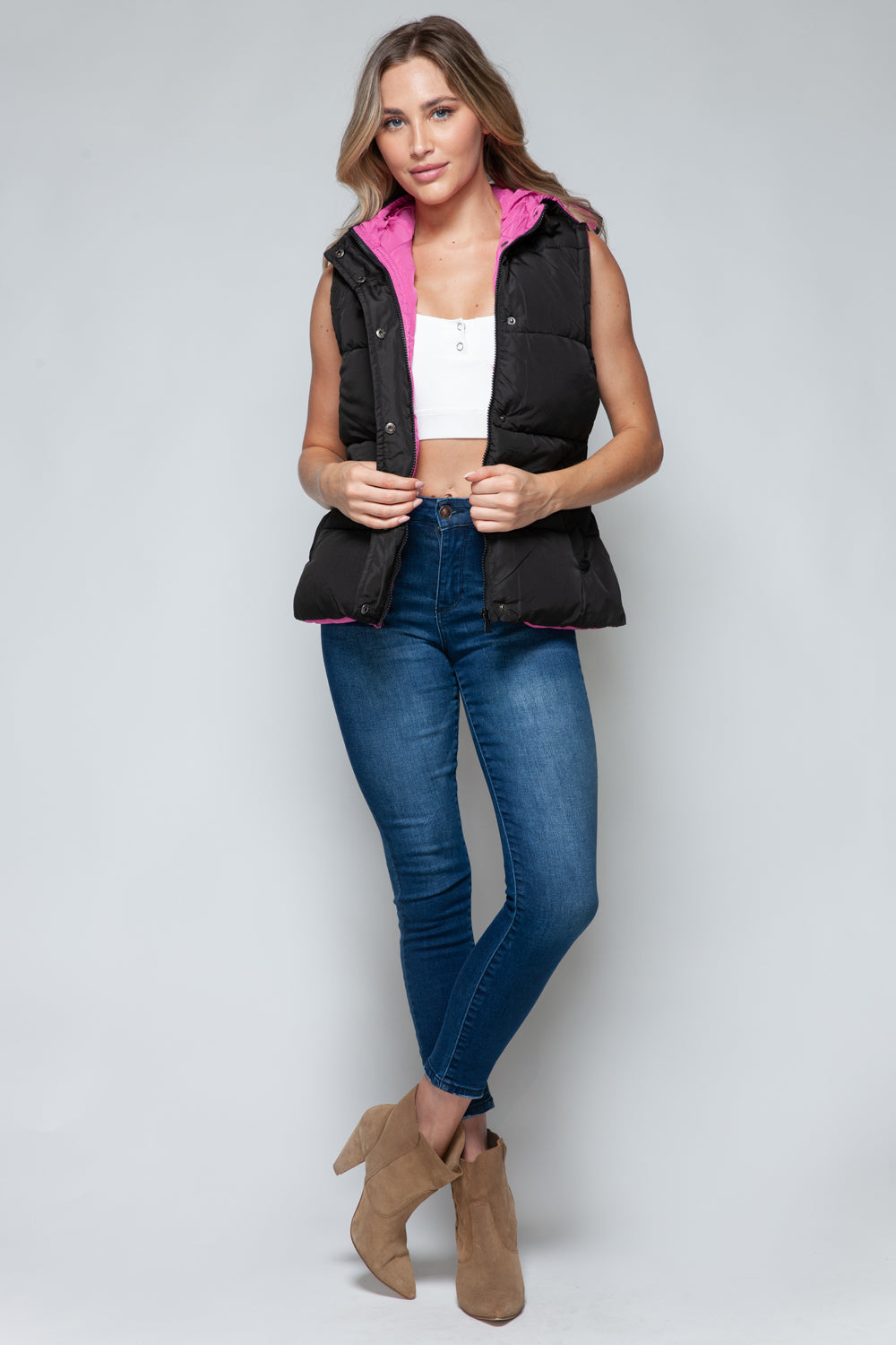 Snobbish Cute and Cozy Snap and Zip Closure Hooded Vest in Black/ Rose Violet