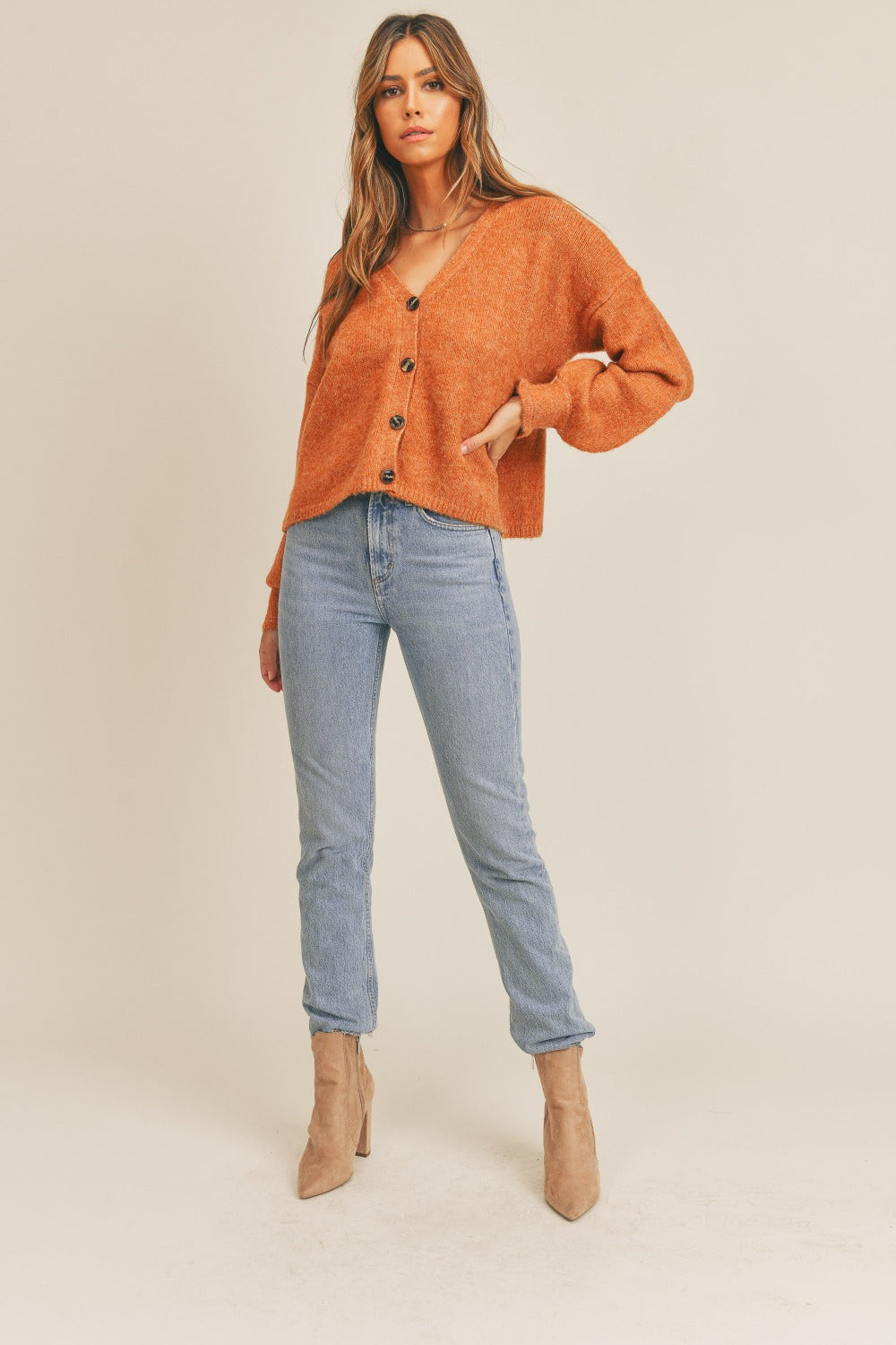 MABLE Buttoned Up Long Sleeve Button Down Sweater Cardigan in Rust