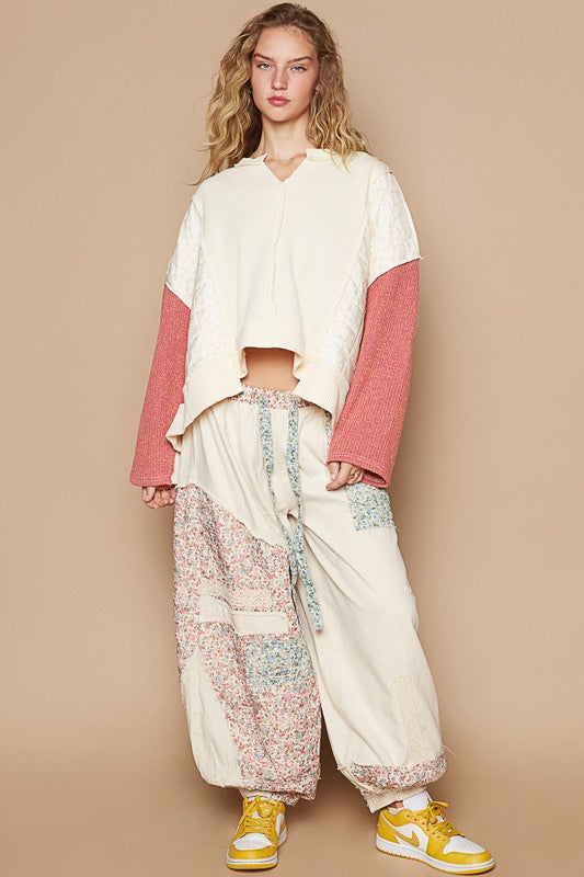 POL Standout Charm Waffle-Knit Contrast Notched Neck Long Sleeve Knit Top in Cream Multicolor