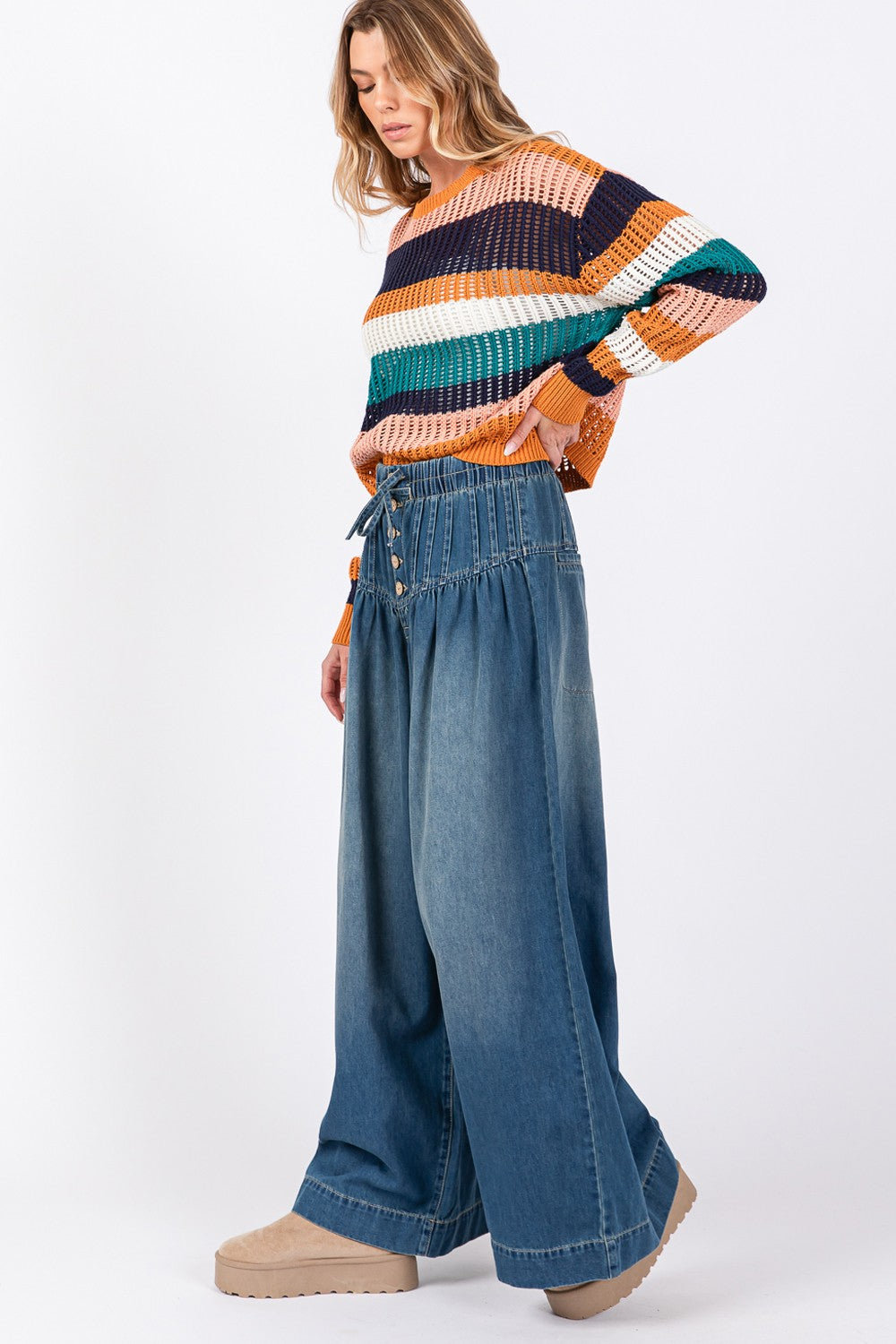 SAGE+FIG On The Move Smocked Waist Band Wide Leg Jeans