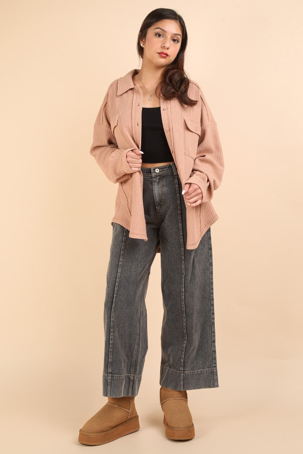 VERY J I'm Covered Button Down Textured Knit Shacket in Blush