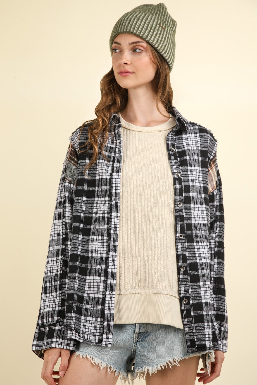 VERY J Falling For Plaid Contrast Plaid Raw Detail Shirt in Black