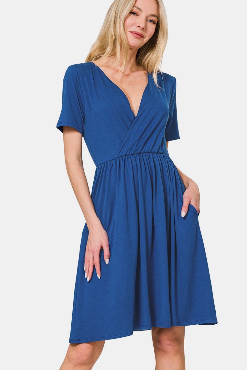 Zenana On The Right Track Surplice Short Sleeve Brushed DTY Dress in Navy